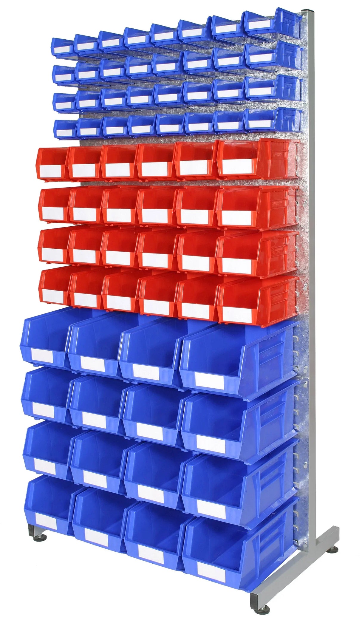 louvre panel racks with plastic bins for small parts storage