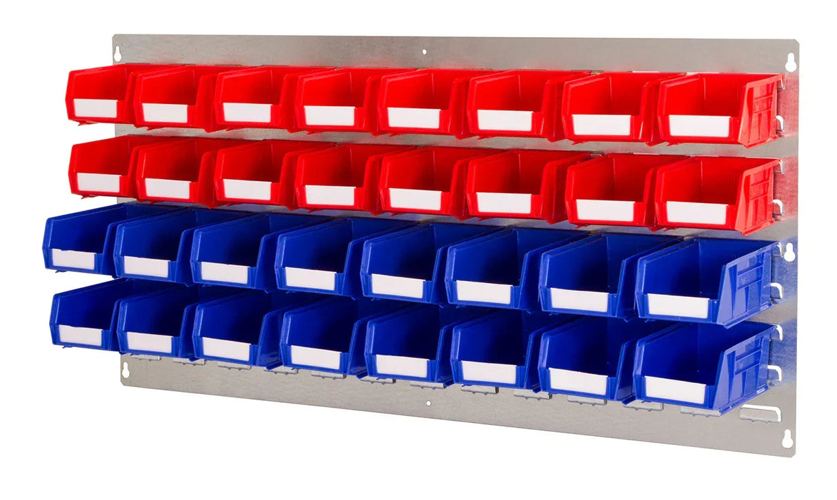 blue plastic storage bins mounted on louvre panel