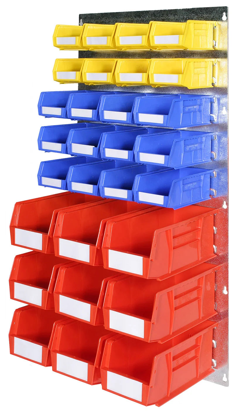 small parts storage bins arranged on louvre panel