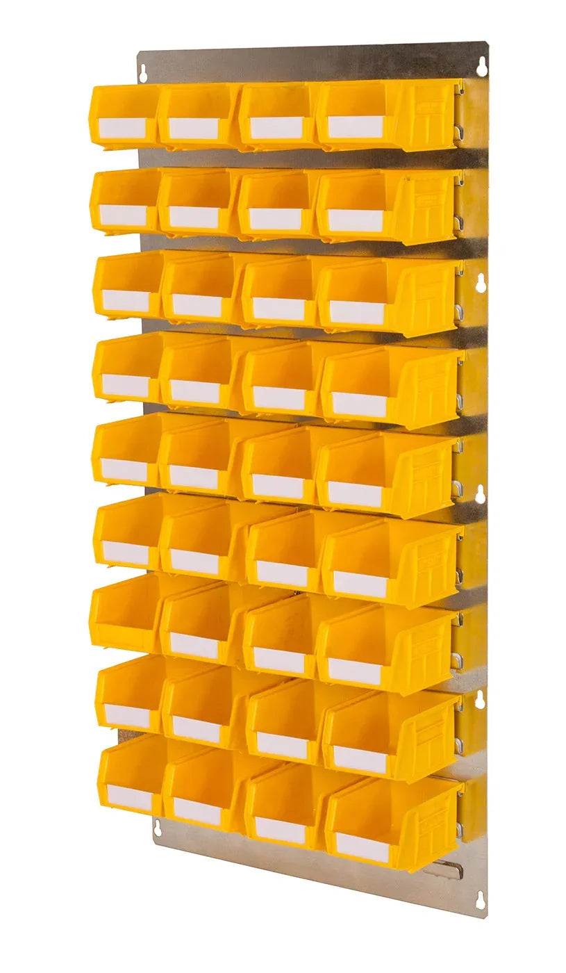 red plastic storage bins mounted on louvre panel