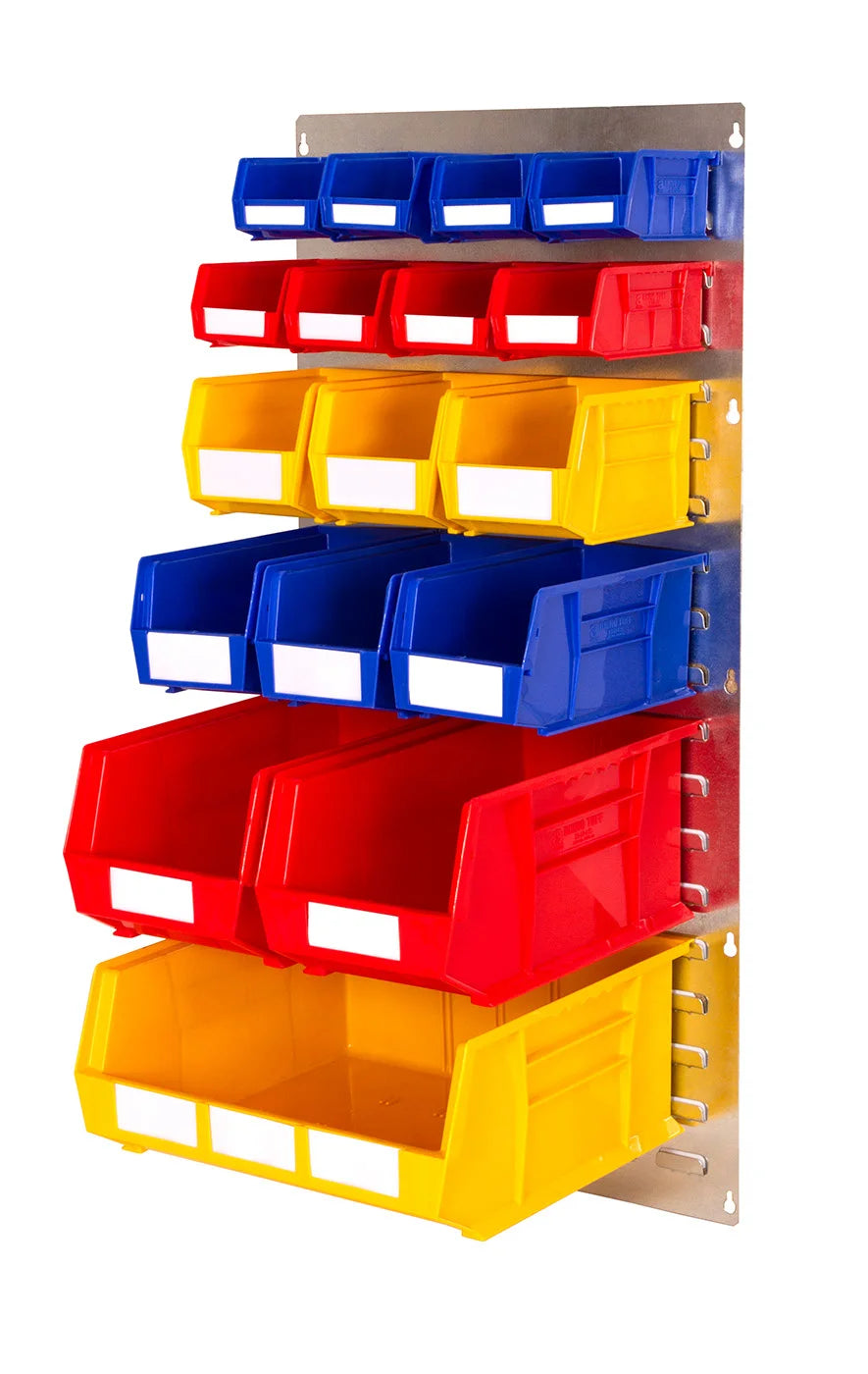 industrial louvre panel with multiple plastic bins