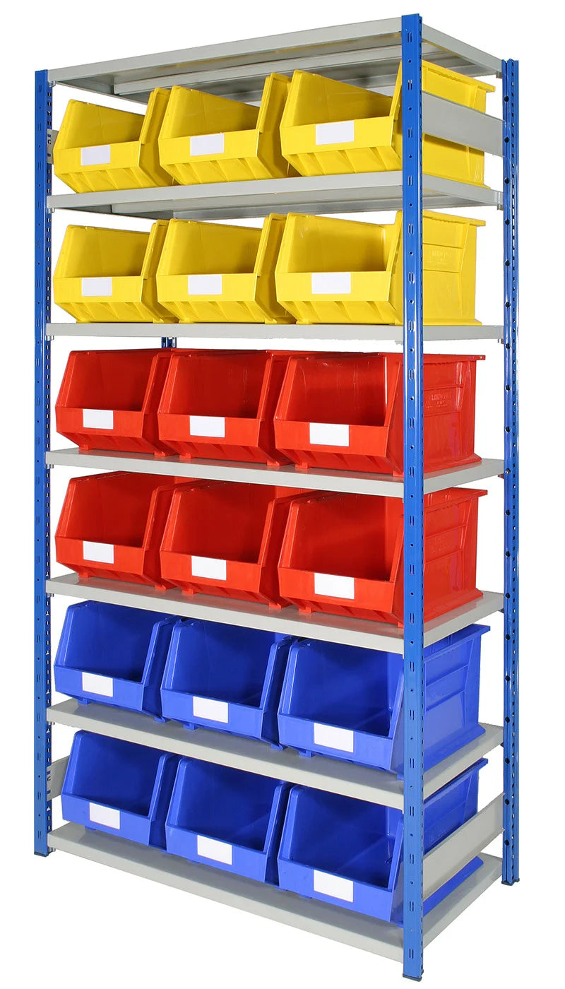 Angled view of steel frame with stacked open containers
