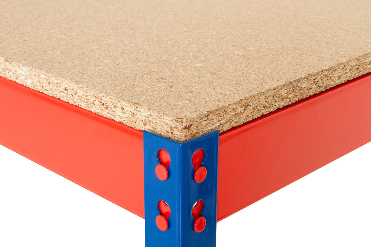 Heavy duty workbench with storage showing half undershelf and steel frame detail