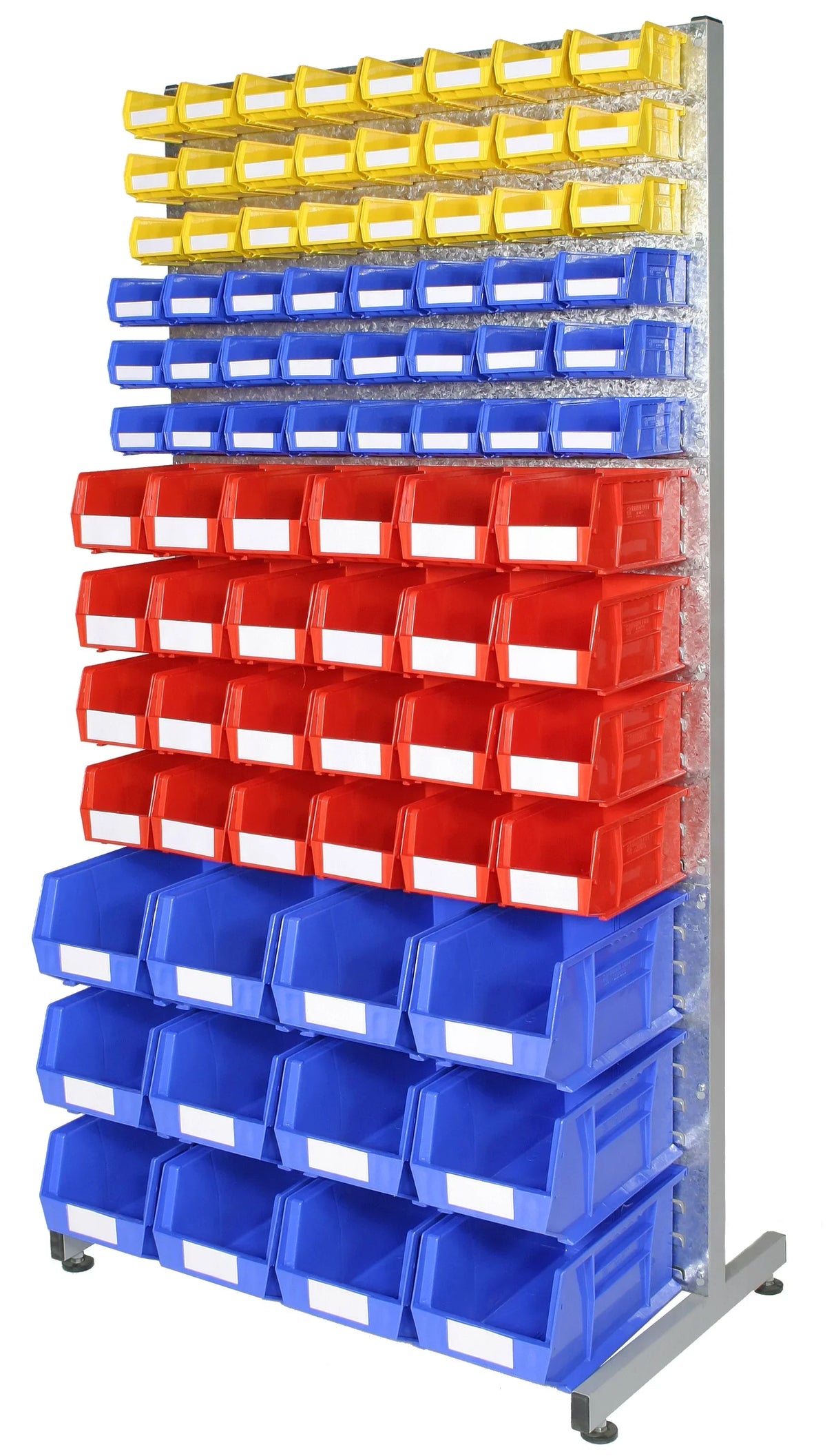 double sided rack with hanging plastic bins