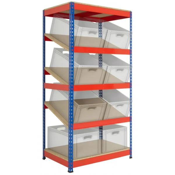 kanban shelving system with multiple sloping shelves and picking bins