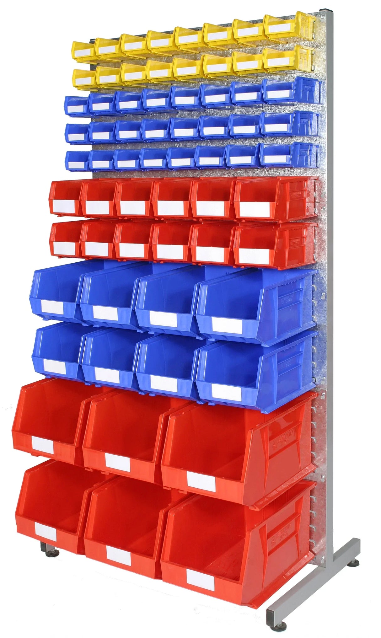 industrial storage rack with colour coded plastic bins