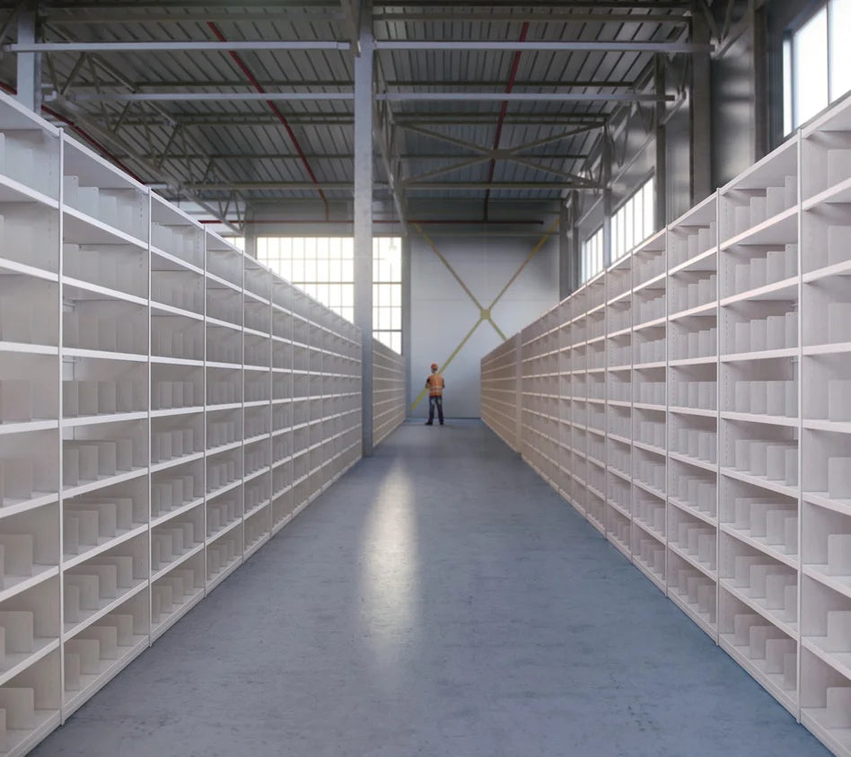 Bright interior aisle fitted with uniform white metal frameworks