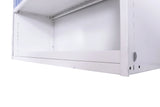 Adjustable office shelving unit showing white metal shelf construction