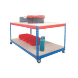 Heavy duty mobile workbench with castors and twin worktops