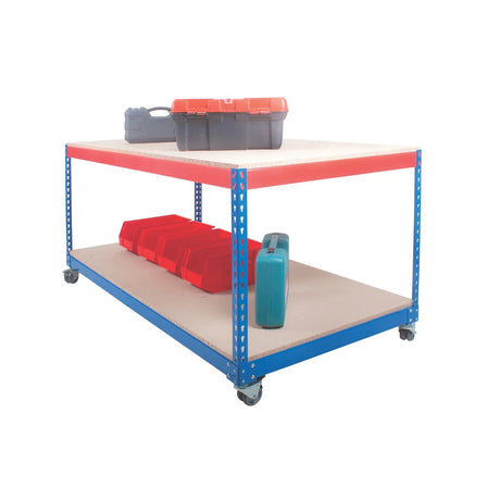 Heavy duty mobile workbench with castors and twin worktops