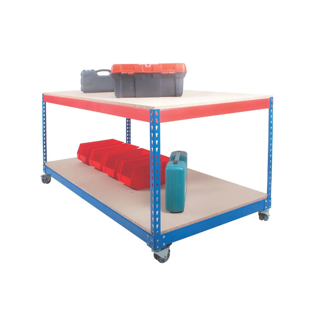 Heavy duty mobile workbench with castors and twin worktops