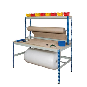 industrial packing bench with roll dispensers and upper storage shelf
