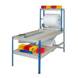 Industrial packing workstation with dual roll dispensers and integrated storage shelves
