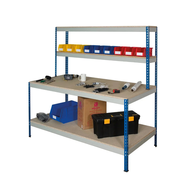 Rivet workstation with full undershelf shelving and boltless industrial workstation frame