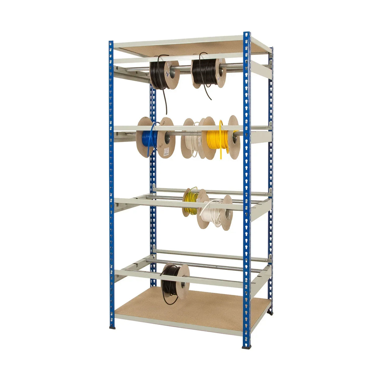 Cable reel storage shelving unit with multiple reels mounted on heavy duty steel racking frame
