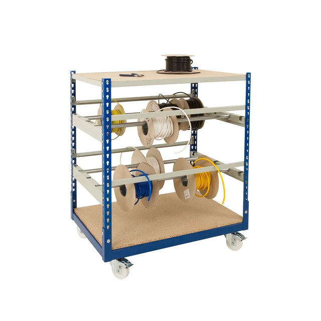 Mobile cable reel storage trolley with steel frame, swivel castors and multiple cable reels mounted on dispensing bars.