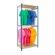 Single rail garment rack built from rivet racking for bulk garment storage