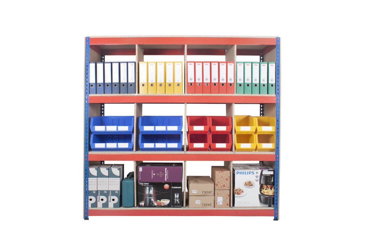 industrial rivet racking system with compartmentalised shelving