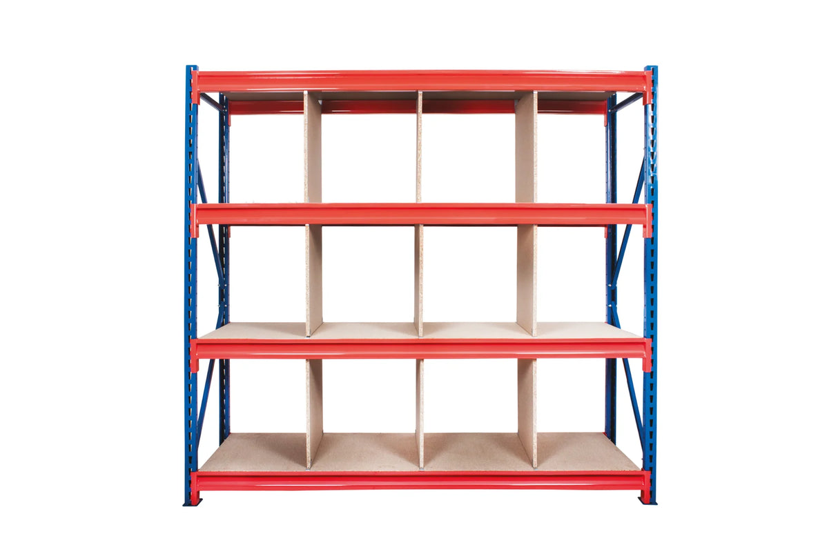 Longspan divider system with heavy duty Z profile beams and chipboard shelves