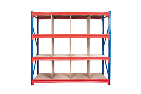 Longspan divider system with heavy duty Z profile beams and chipboard shelves