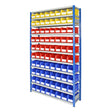 Shelving with plastic storage bins used for industrial picking and organisation