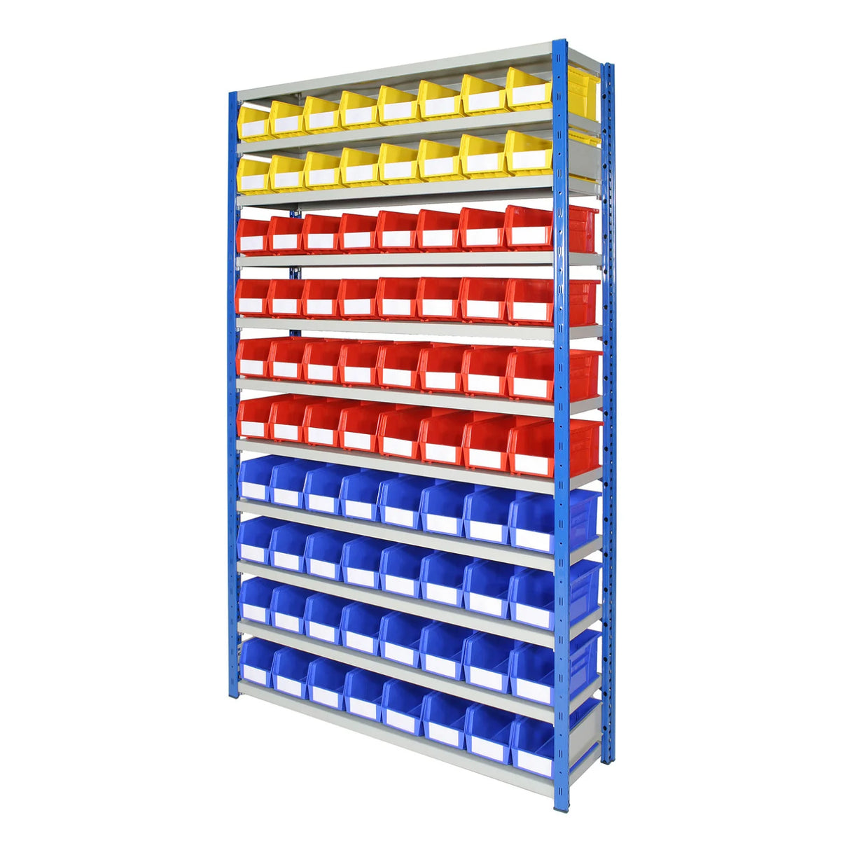 Shelving with plastic storage bins used for industrial picking and organisation