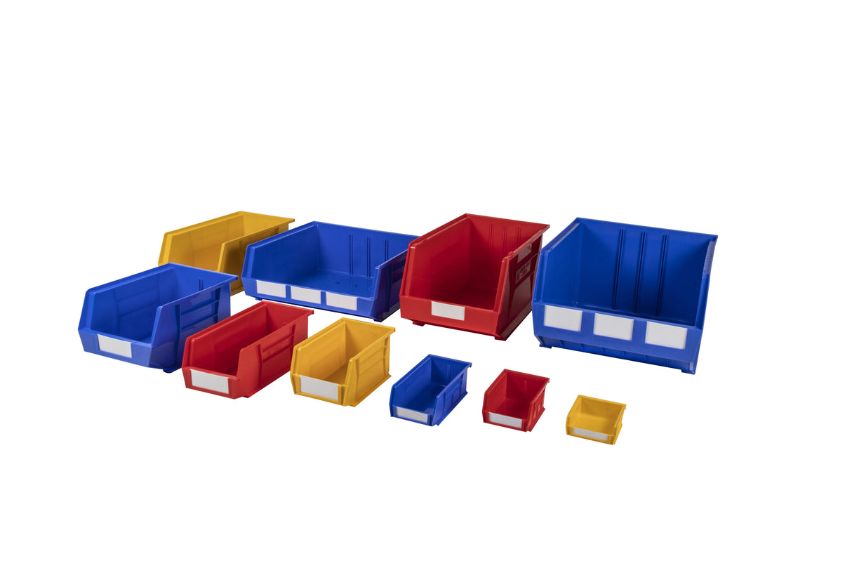 industrial plastic bins range showing different sizes and colours