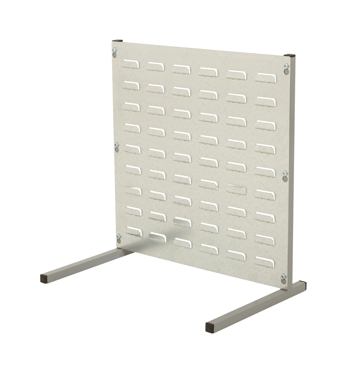 freestanding storage panel with hanging plastic bins