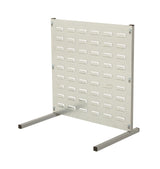 freestanding storage panel with hanging plastic bins
