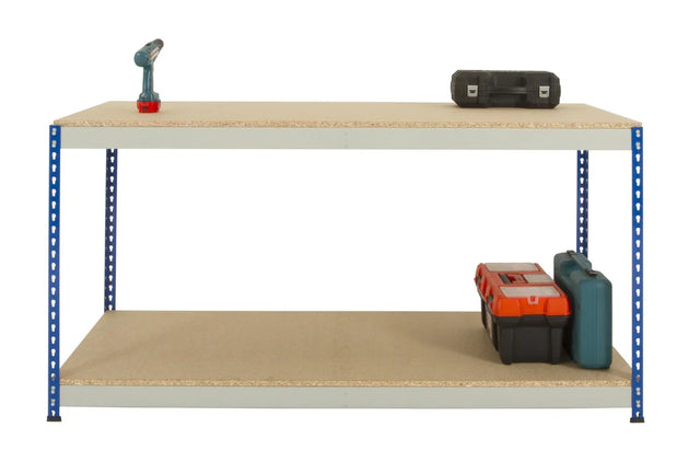 Industrial workbench with full undershelf storage and boltless rivet construction