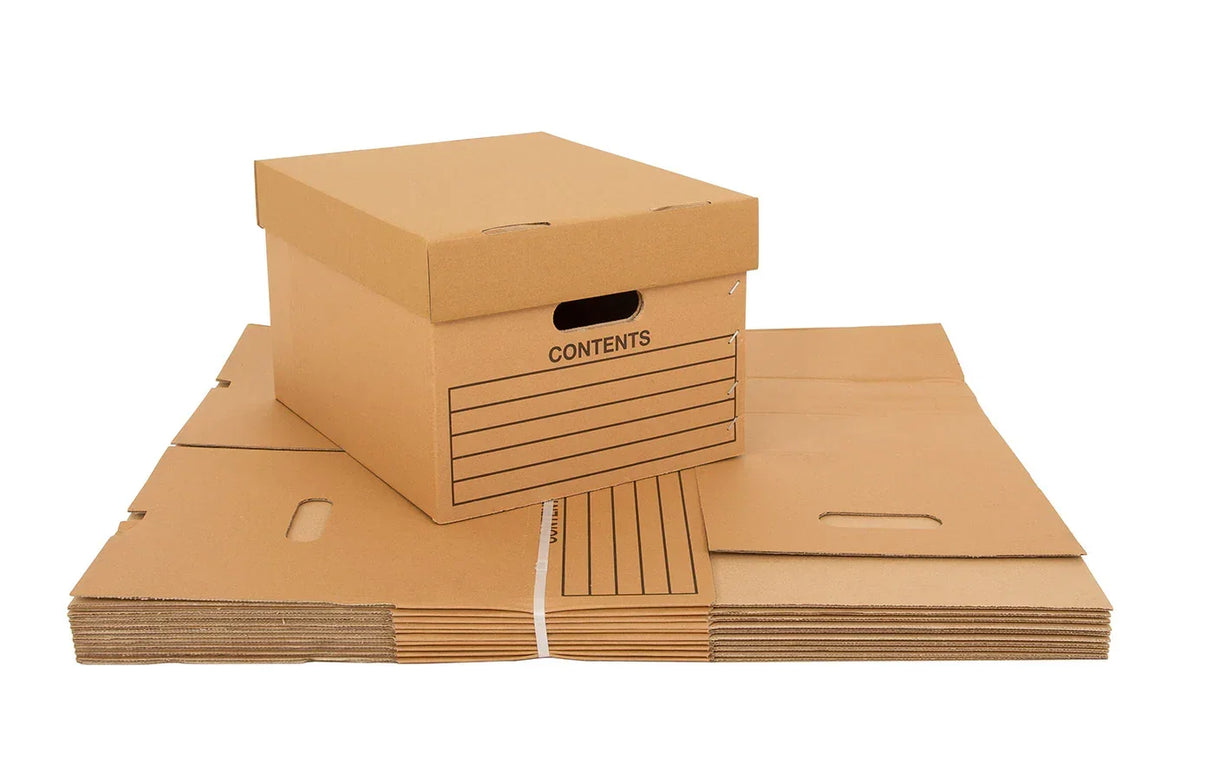 Flat-packed archive boxes with lids ready for assembly