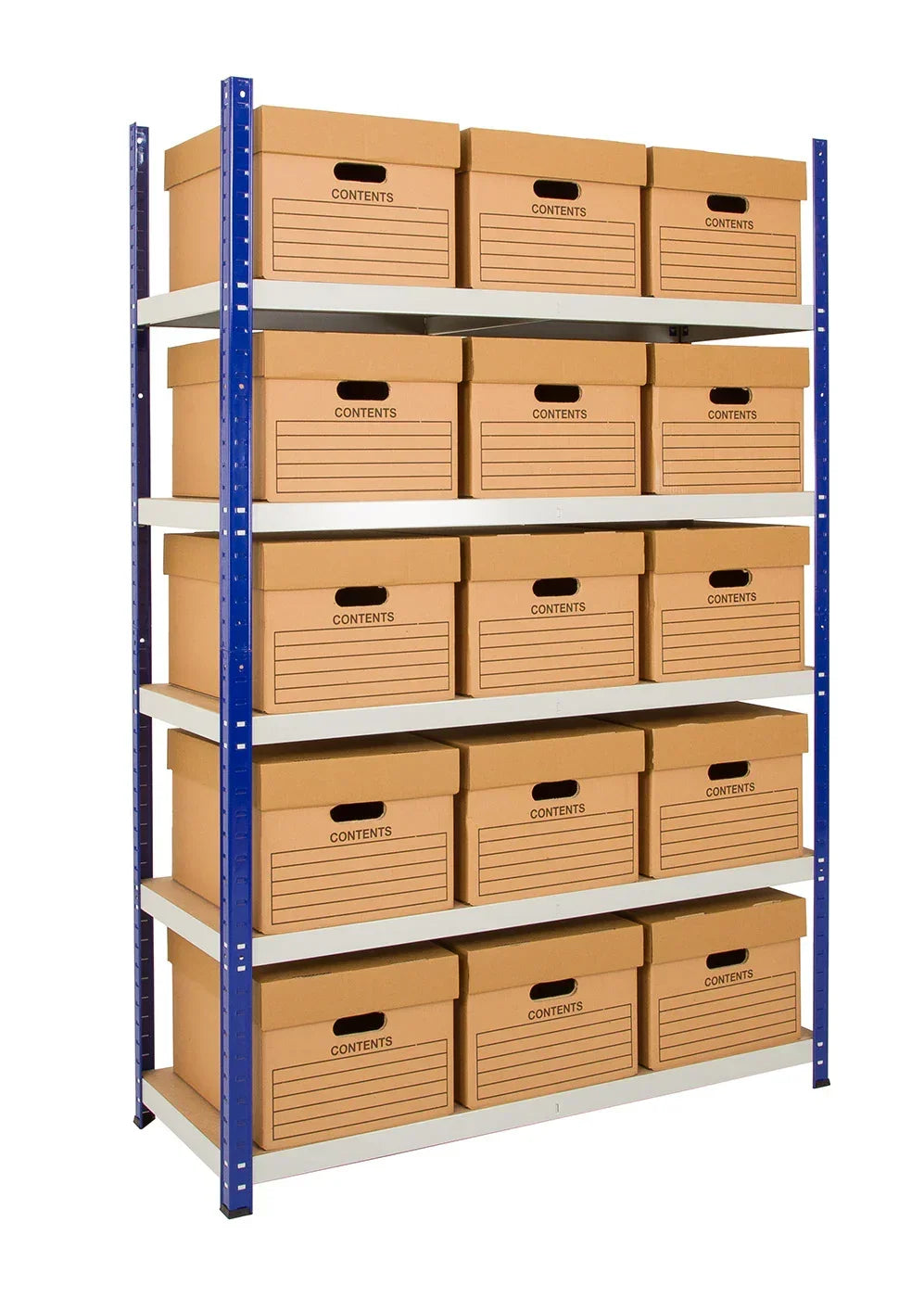 Archive shelving system with multiple shelves holding archive boxes