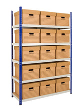 Archive shelving system with multiple shelves holding archive boxes
