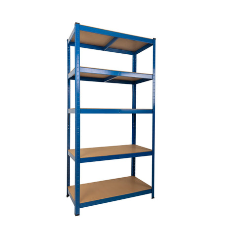 Steel shelving unit with five MDF shelves and blue frame