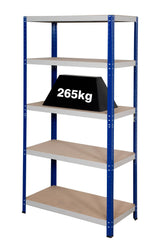 Heavy duty boltless shelving unit with five MDF shelves rated at 265kg UDL