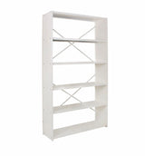 Freestanding white metal frame with evenly spaced adjustable levels