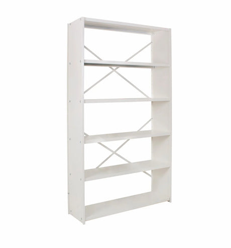 Freestanding white metal frame with evenly spaced adjustable levels