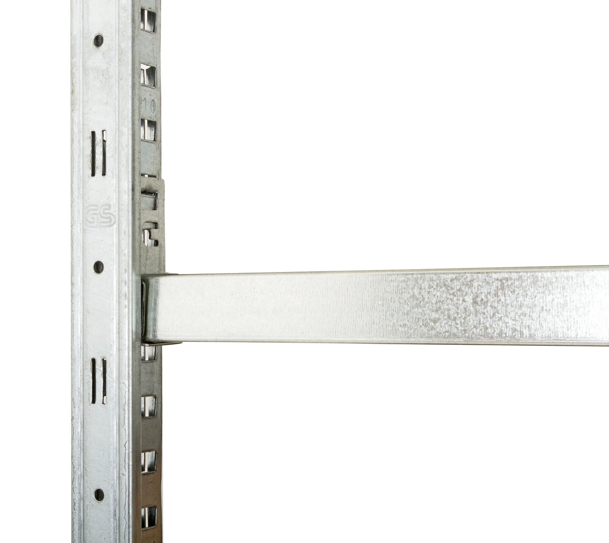 Boltless steel shelving upright and beam connection detail