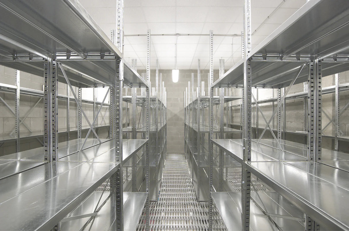 Boltless shelving installed in industrial warehouse environment