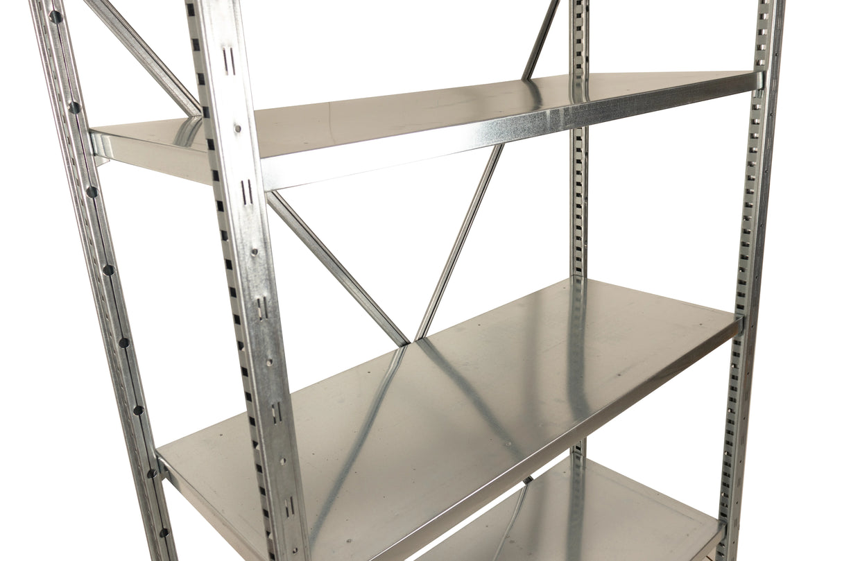Galvanised shelving frame with cross bracing and steel shelves
