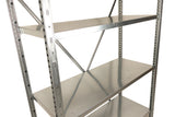 Galvanised shelving frame with cross bracing and steel shelves