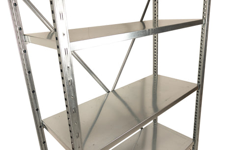 Galvanised shelving frame with cross bracing and steel shelves