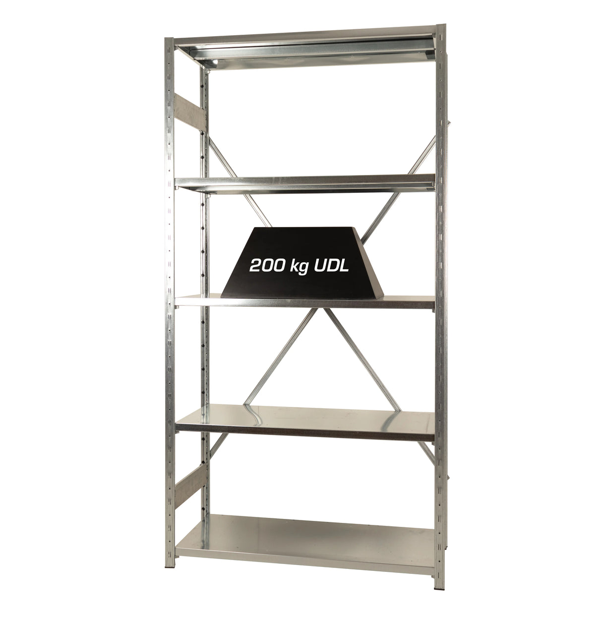 Galvanised boltless shelving system with high-capacity steel shelves