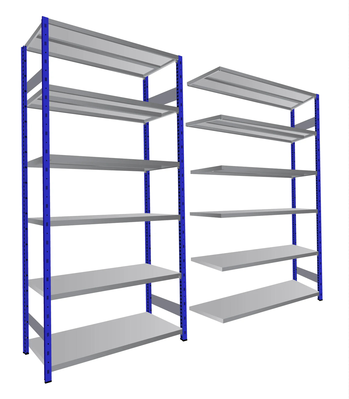Modular metal shelving units assembled as freestanding bays