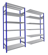 Modular metal shelving units assembled as freestanding bays