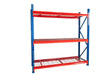 Longspan wire mesh decking system with three shelf levels for warehouse storage