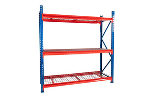 Longspan wire mesh decking system with three shelf levels for warehouse storage