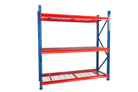 Longspan wire mesh decking system with three shelf levels for warehouse storage