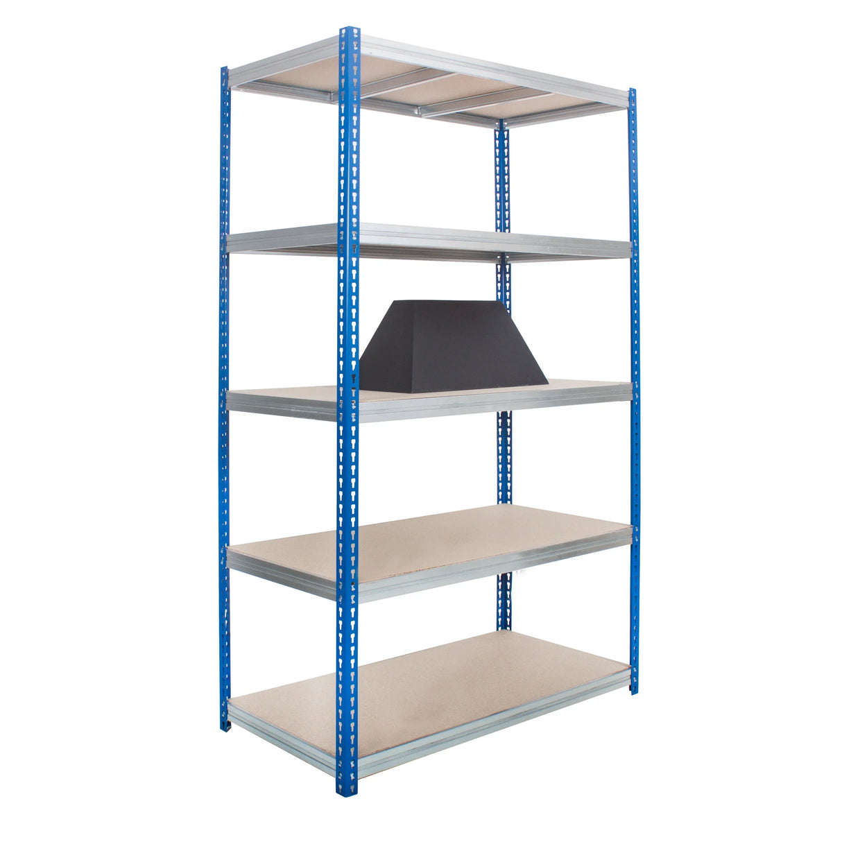 boltless storage racks with steel frame and chipboard shelves