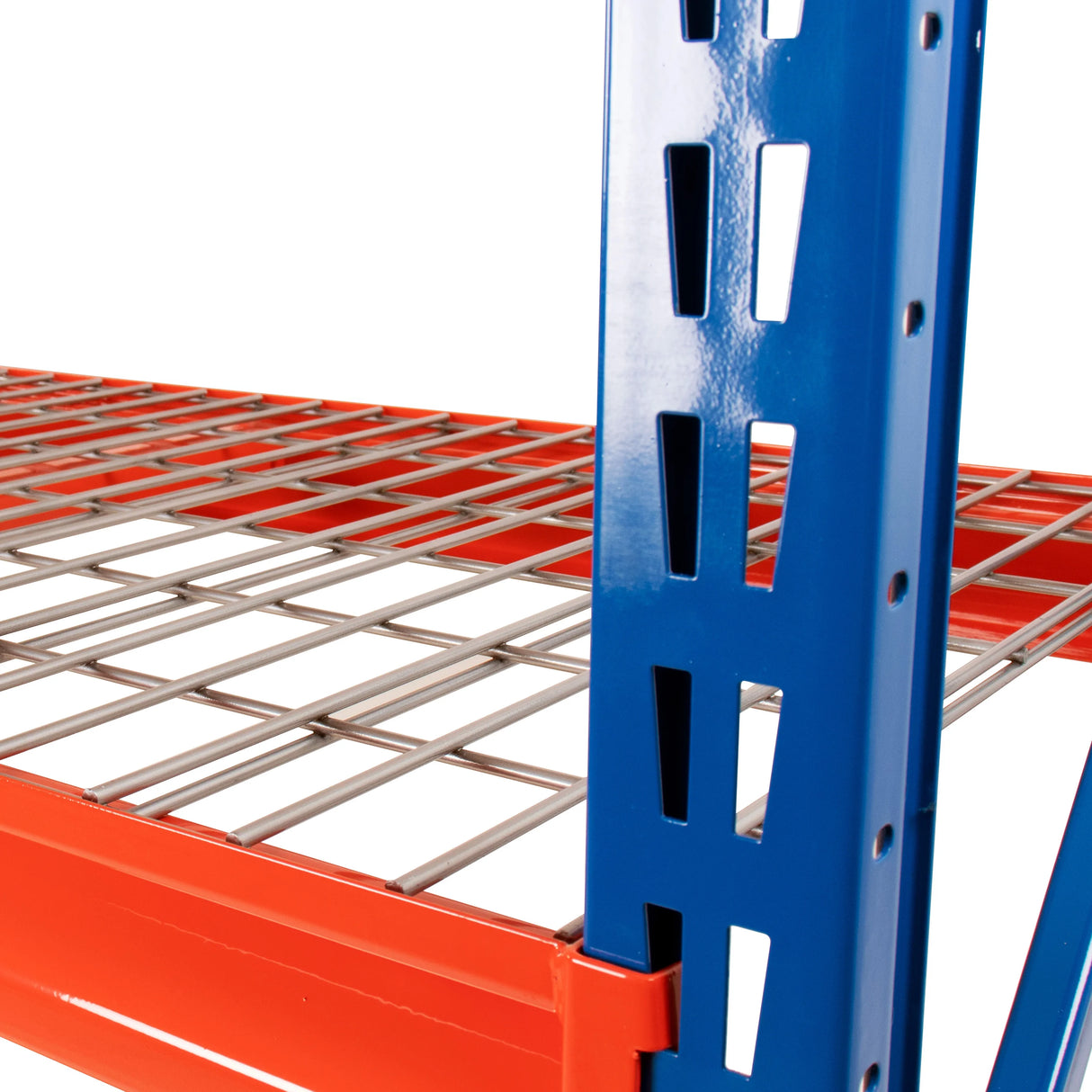 Wire mesh shelving deck showing open steel mesh surface and load supports